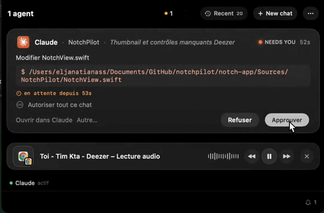Glance showing media controls beside an agent approval request.