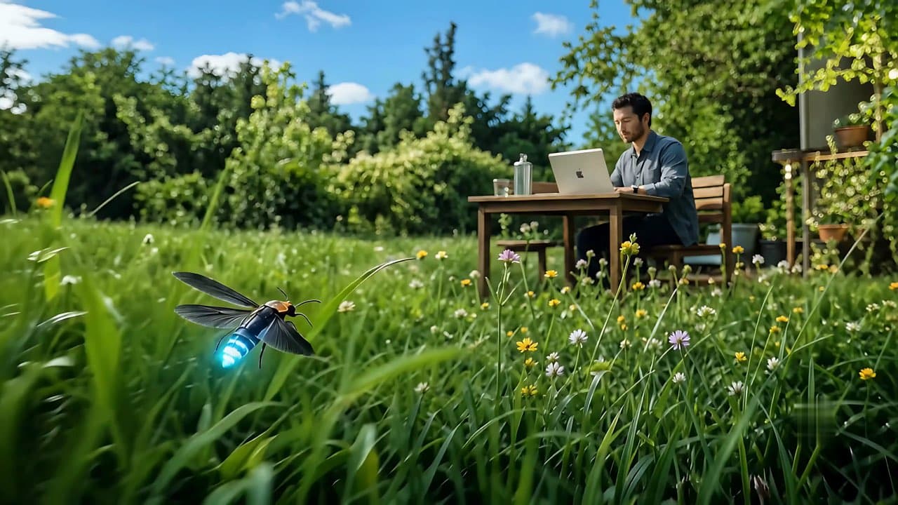 Lumi, the Glance firefly, flying toward a MacBook